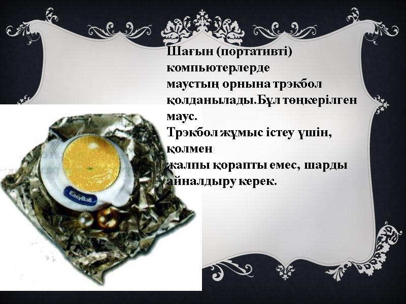 Шағын (портативті) компьютерлерде  маустың орнына трэкбол  қолданылады.Бұл төңкерілген маус.  Трэкбол жұмыс